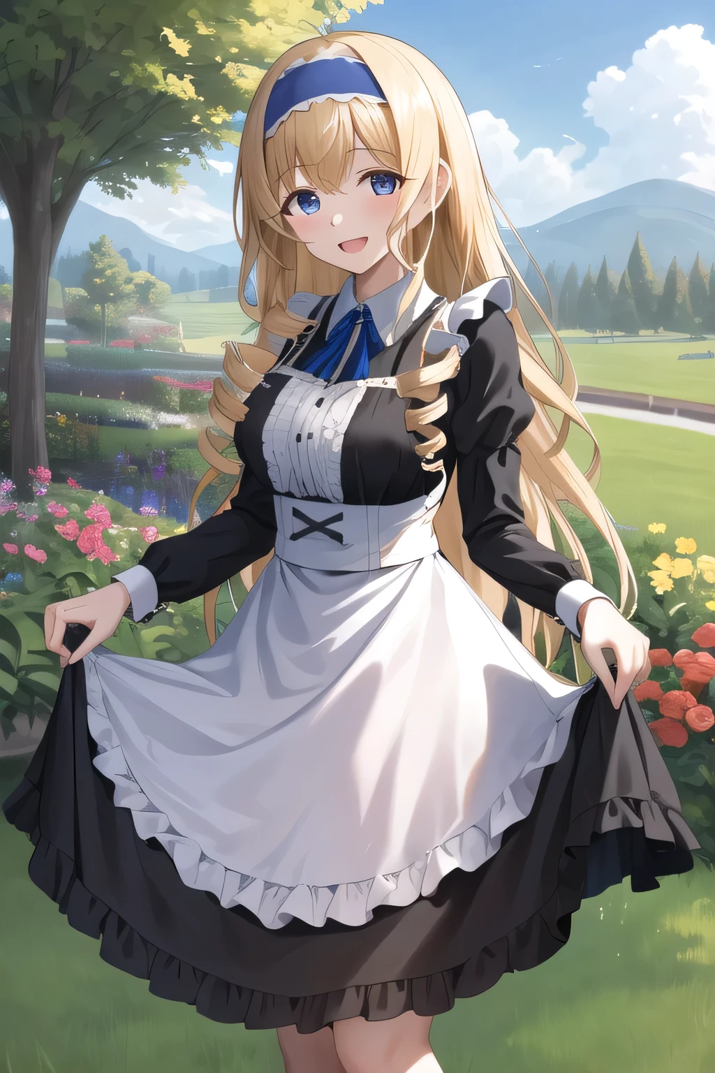 masterpiece, Highest quality, High resolution, Asecilia, Long Hair, Curly Hair, Drill Hair, Blue Hairband, Maid, Black Dress, Skirt Hold, garden, smile, Open your mouth, Are standing