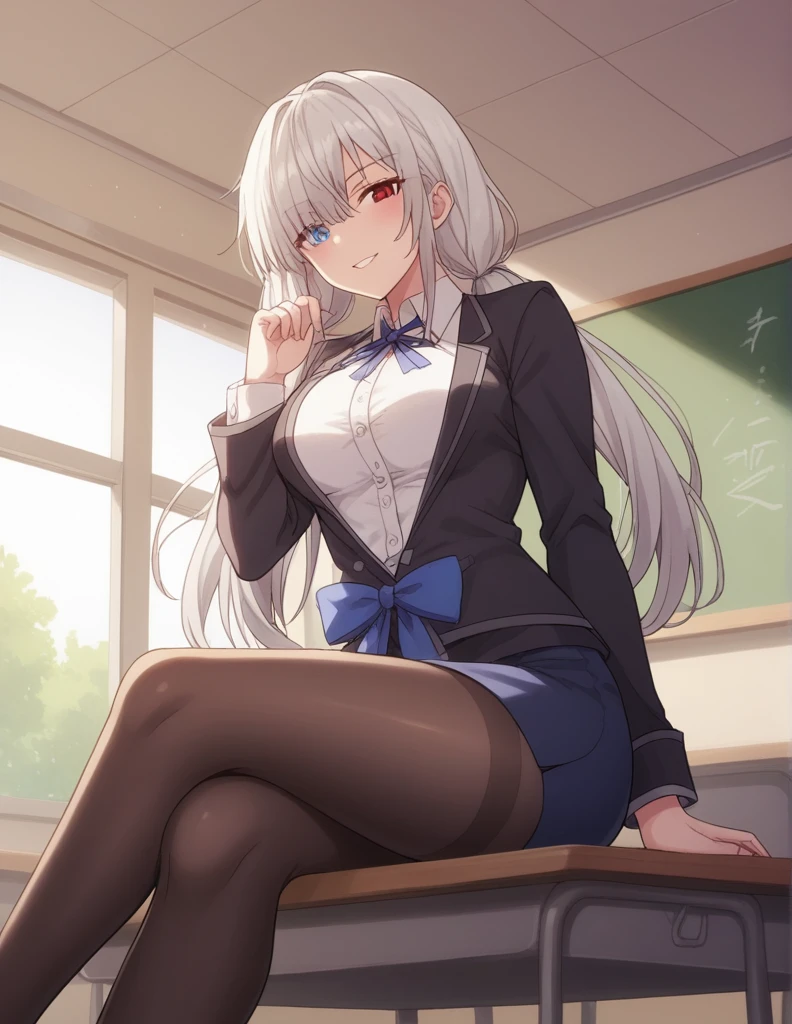 1girl, solo, long hair, breasts, looking at viewer, blush, smile, bangs, skirt, large breasts, blazer, shirt, heterochromia, red eyes, blue eyes, long sleeves, ribbon, twintails, medium breasts, sitting, black blazer, white shirt, white hair, pantyhose, parted lips, day, collared shirt, indoors, hand up, black skirt, hair over one eye, grin, blue skirt, black pantyhose, window, dress shirt, neck ribbon, low twintails, from below, crossed legs, blue ribbon, desk, pencil skirt, thighband pantyhose, classroom, chalkboard, on desk, sitting on desk