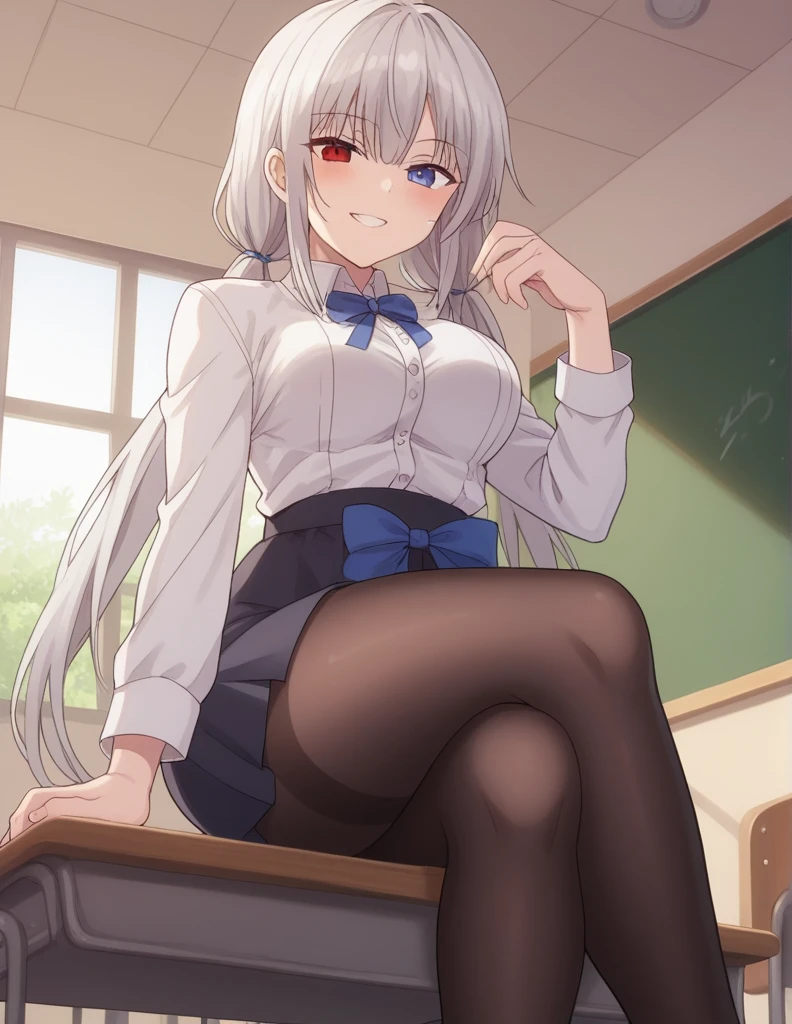 1girl, solo, long hair, breasts, looking at viewer, blush, smile, bangs, skirt, large breasts, blazer, shirt, heterochromia, red eyes, blue eyes, long sleeves, ribbon, twintails, medium breasts, sitting, black blazer, white shirt, white hair, pantyhose, parted lips, day, collared shirt, indoors, hand up, black skirt, hair over one eye, grin, blue skirt, black pantyhose, window, dress shirt, neck ribbon, low twintails, from below, crossed legs, blue ribbon, desk, pencil skirt, thighband pantyhose, classroom, chalkboard, on desk, sitting on desk