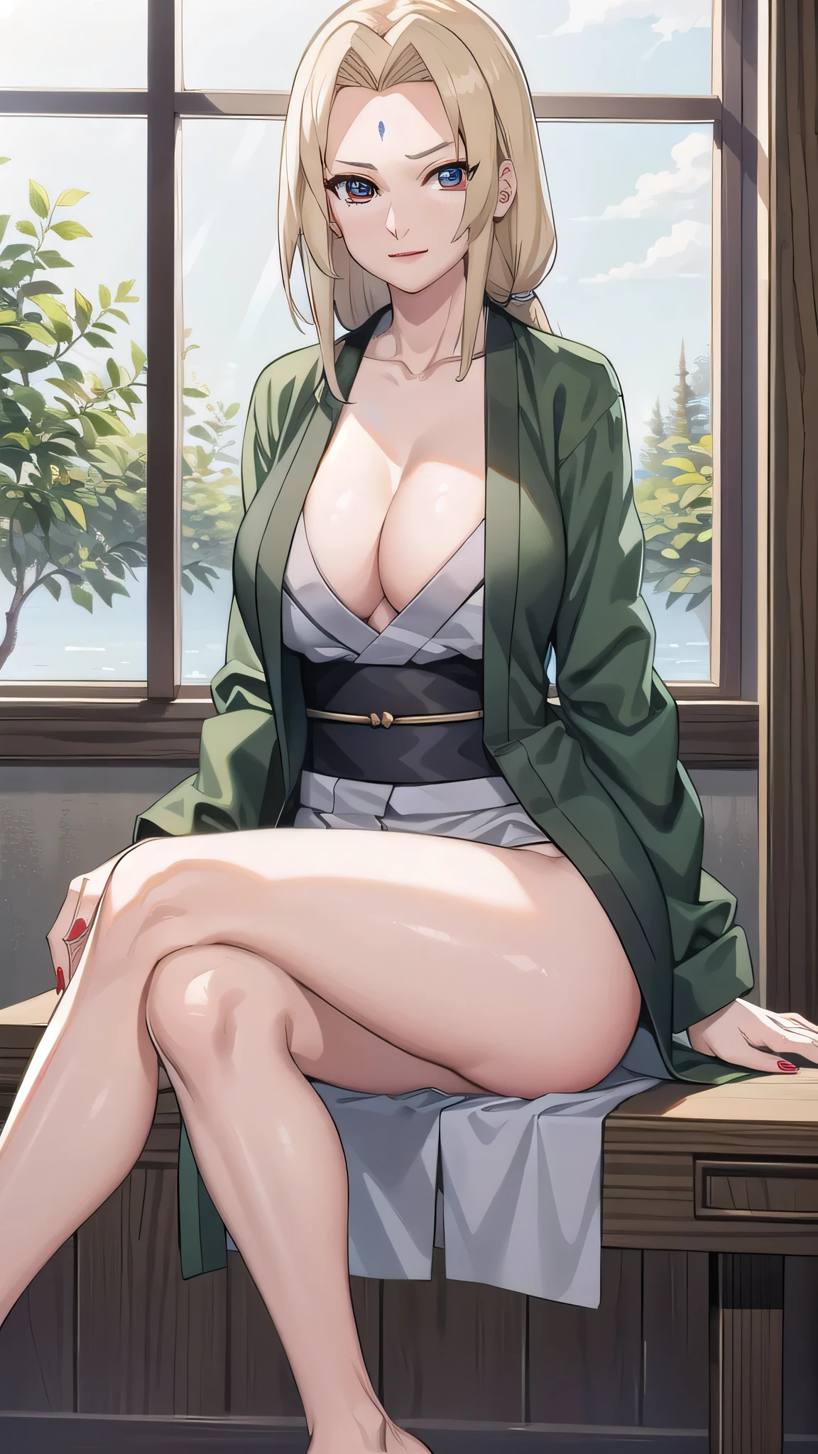 tsunade, Japanese clothes, sash, jacket,t5un4d3, mark,BREAK looking at viewer, BREAK (masterpiece:1.2), best quality, high resolution, unity 8k wallpaper, (illustration:0.8), (beautiful detailed eyes:1.6), extremely detailed face, perfect lighting, extremely detailed CG, (perfect hands, perfect anatomy),office,table,desk,chair,soft light,night,sitting on chair,full body shot, spread legs.