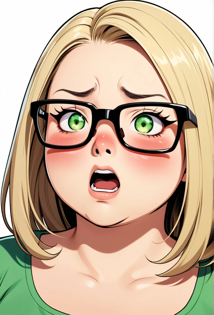 chubby girl, blonde, green eyes, medium length hair, black square-rimmed glasses, open forehead, no bangs
red face, embarrassment, fright 