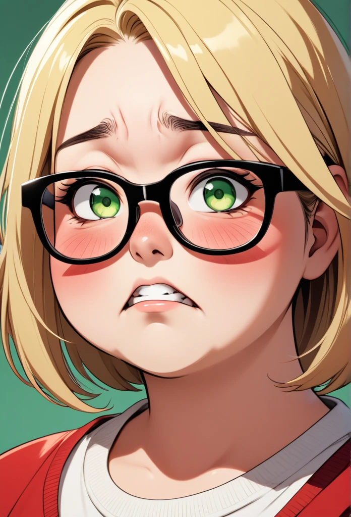 chubby girl, blonde, green eyes, medium length hair, black square-rimmed glasses, open forehead, no bangs
red face, embarrassment, fright