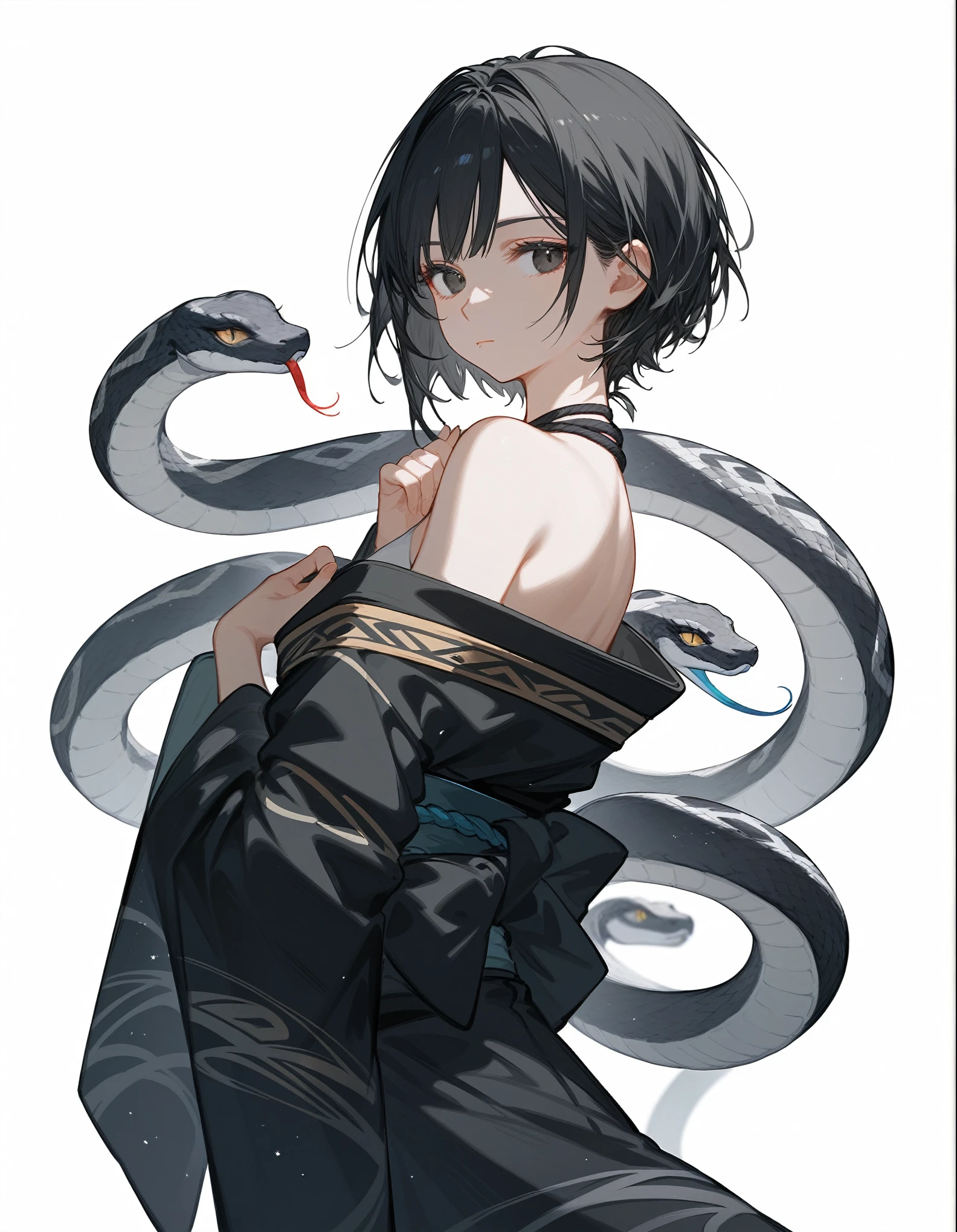 (Fraction_9,Fraction_8_direction_7_superior),1 Girl,Girl with a snake wrapped around her,Black Hair、Black eyes,,Off-the-shoulder kimono,beautiful_face,Snake Maiden、Expressionless、Black snake motif、turn around、Black ribbon around neck、Kimono with snake scales pattern、With the snake、Solo Illustration、short hair、Make a fox with one hand、🤘