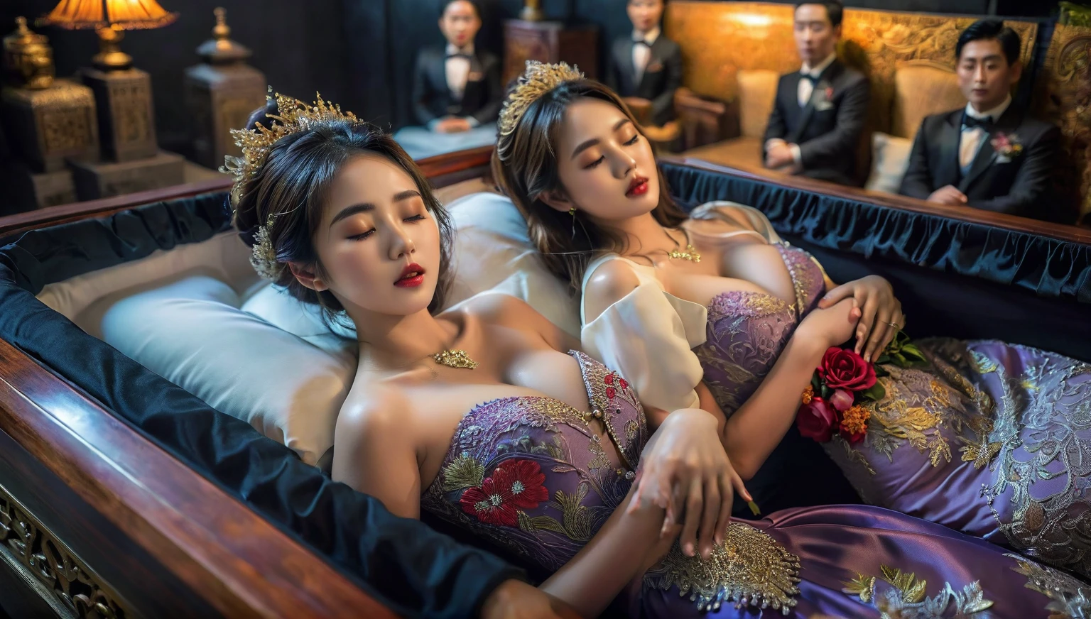 In a striking 8K HDR scene, a stunning Korean woman, 22 years old, lies peacefully in a black coffin surrounded by plush pillows. The deep box is set against a rich black background, accentuating the beauty of the subject. Her exquisite kebaya attire is embroidered with superb detail, showcasing her round and firm breasts, perfect cleavage, and beautiful eyebrows. Her closed eyes and mouth give an air of serenity, while her visible and absolute cleavage leave nothing to imagination. The scene is bathed in saturated colors, highlighting every intricate aspect from the ball skirt to her clean face.