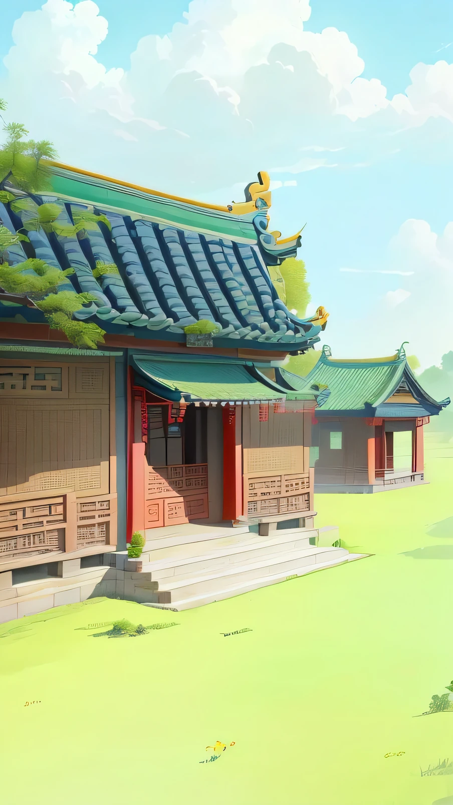 Tang Dynasty Farmhouse,Blue sky and white clouds,Chinese style tile house