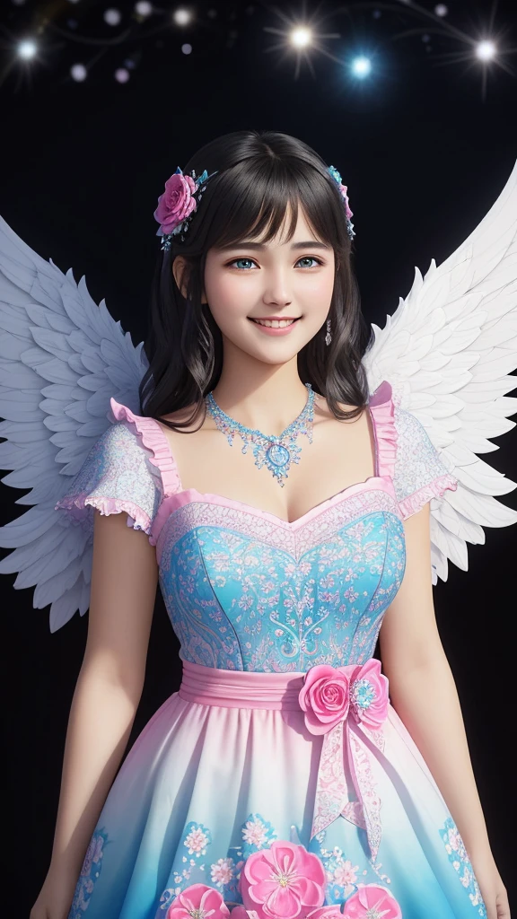A beautiful age girl smiles sweetly in a bright pink, blue, and white swirled dress, decorated with intricate floral patterns and delicate gems, complete with angel wings. The background is dark black and the details are intricate., 30k, 3d, HDR, Exquisite clothing details, Highly detailed, perfect light, movie light