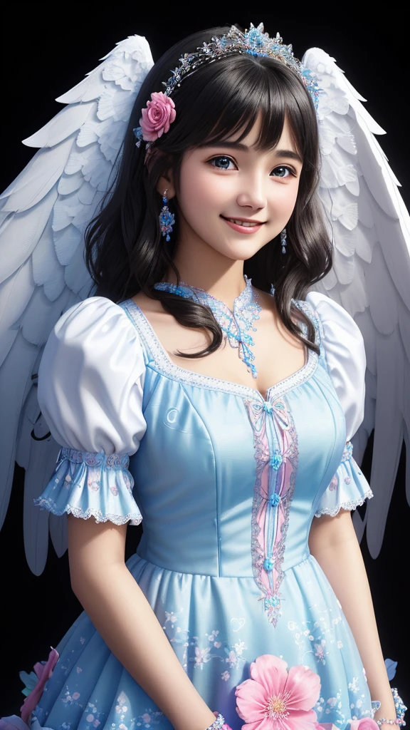 A beautiful teenage girl smiles sweetly in a bright pink, blue, and white swirled dress, decorated with intricate floral patterns and delicate gems, complete with angel wings. The background is dark black and the details are intricate., 30k, 3d, HDR, Exquisite clothing details, Highly detailed, perfect light, movie light