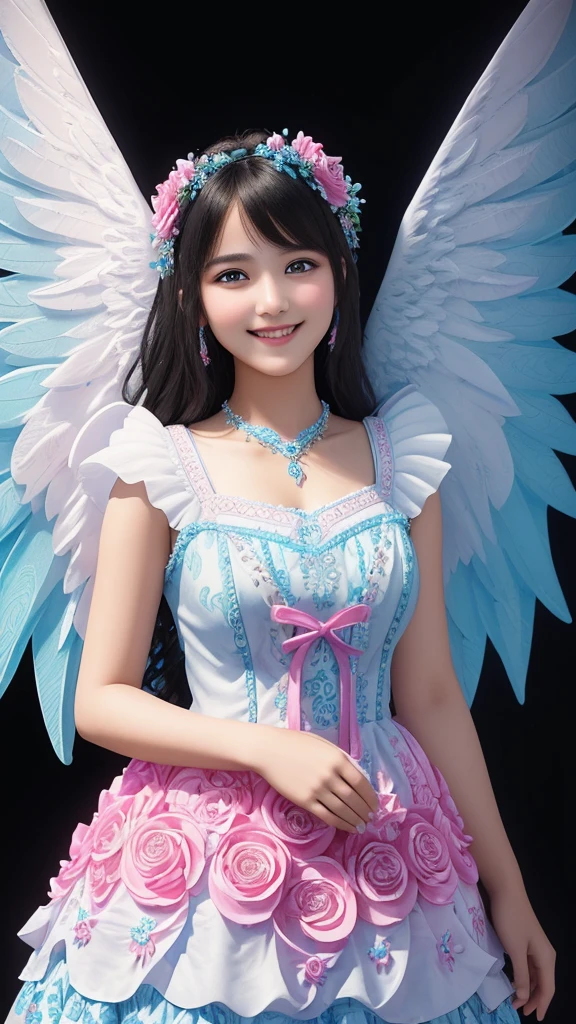A beautiful teenage girl smiles sweetly in a bright pink, blue, and white swirled dress, decorated with intricate floral patterns and delicate gems, complete with angel wings. The background is dark black and the details are intricate., 30k, 3d, HDR, Exquisite clothing details, Highly detailed, perfect light, movie light