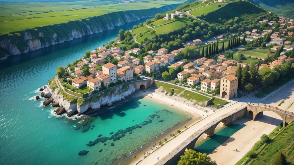 Beautiful scenery of ancient Italian village. Aerial view. Photorealistic photos, High definition. 8K