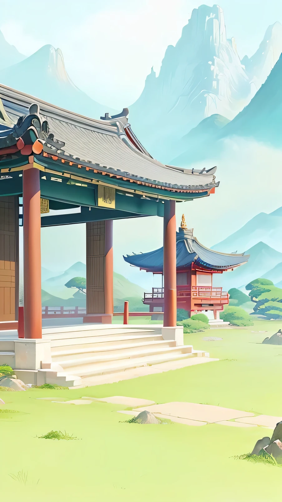 There is a drawing of a gazebo with a canopy and benches, Temple Background, Depicting the background of the temple, Pagoda Figures, Palace Background, zen Temple Background, background technology, Anime Landscape concept art, Korean traditional palace, anime background technology, Traditional Japanese concept art, mysterious temple setting, Anime Landscape, Inspired by Shin Yoon-bok, Cora Legend setting