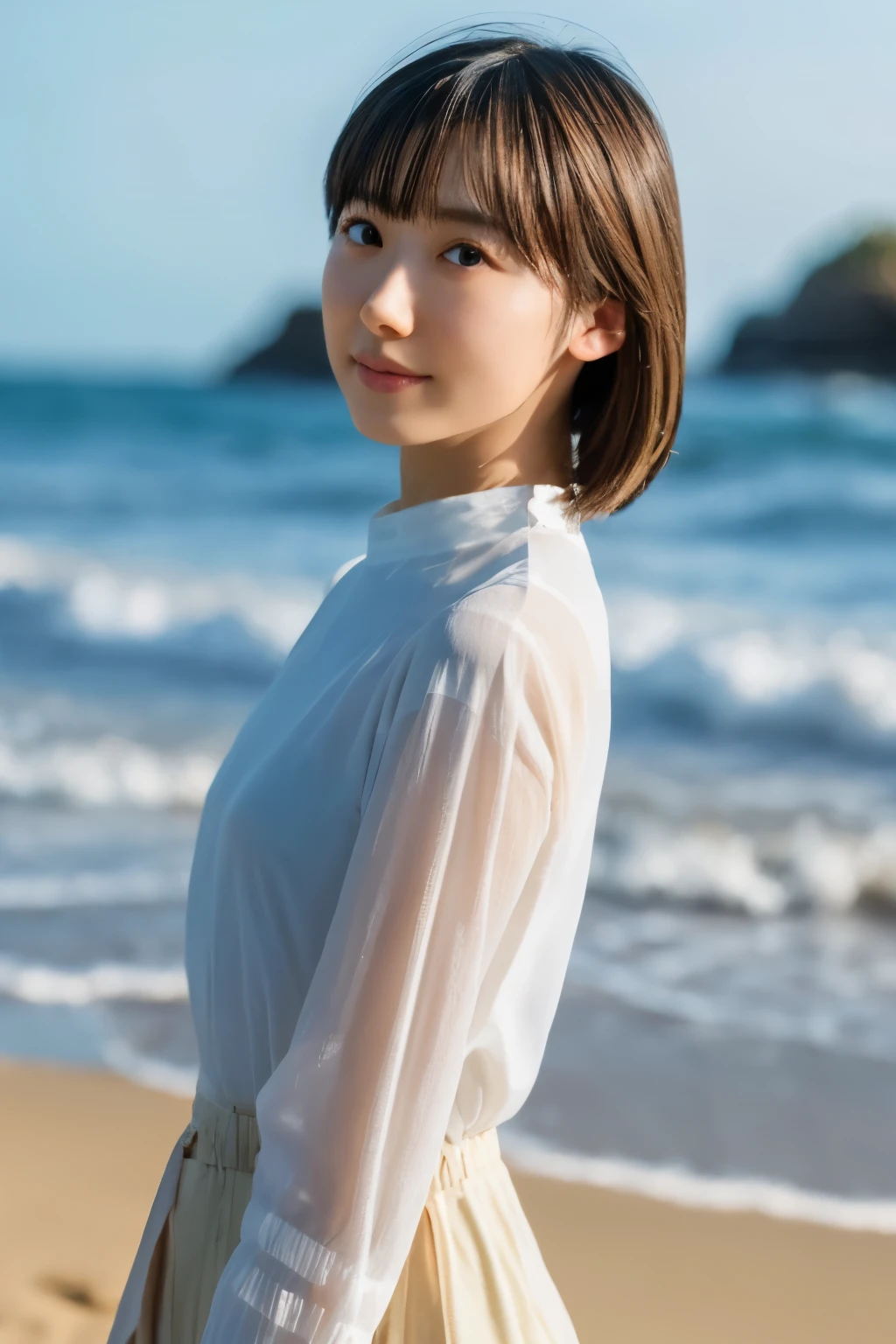 Top quality, realistic, perfect human body structure, very detailed, very delicate and beautiful, RAW photography, beach, professional lighting, luminescence, depth of field, single focal, full body, Skinny Japanese lady, 30 year old lady, brown hair, small head, beautiful eyes, real face, realistic skin, detailed eyes, (fashionable hairstyle: 1.3), sexy pose, absurderes, Incredibly Ridiculous res, Extremely fine, Blouse