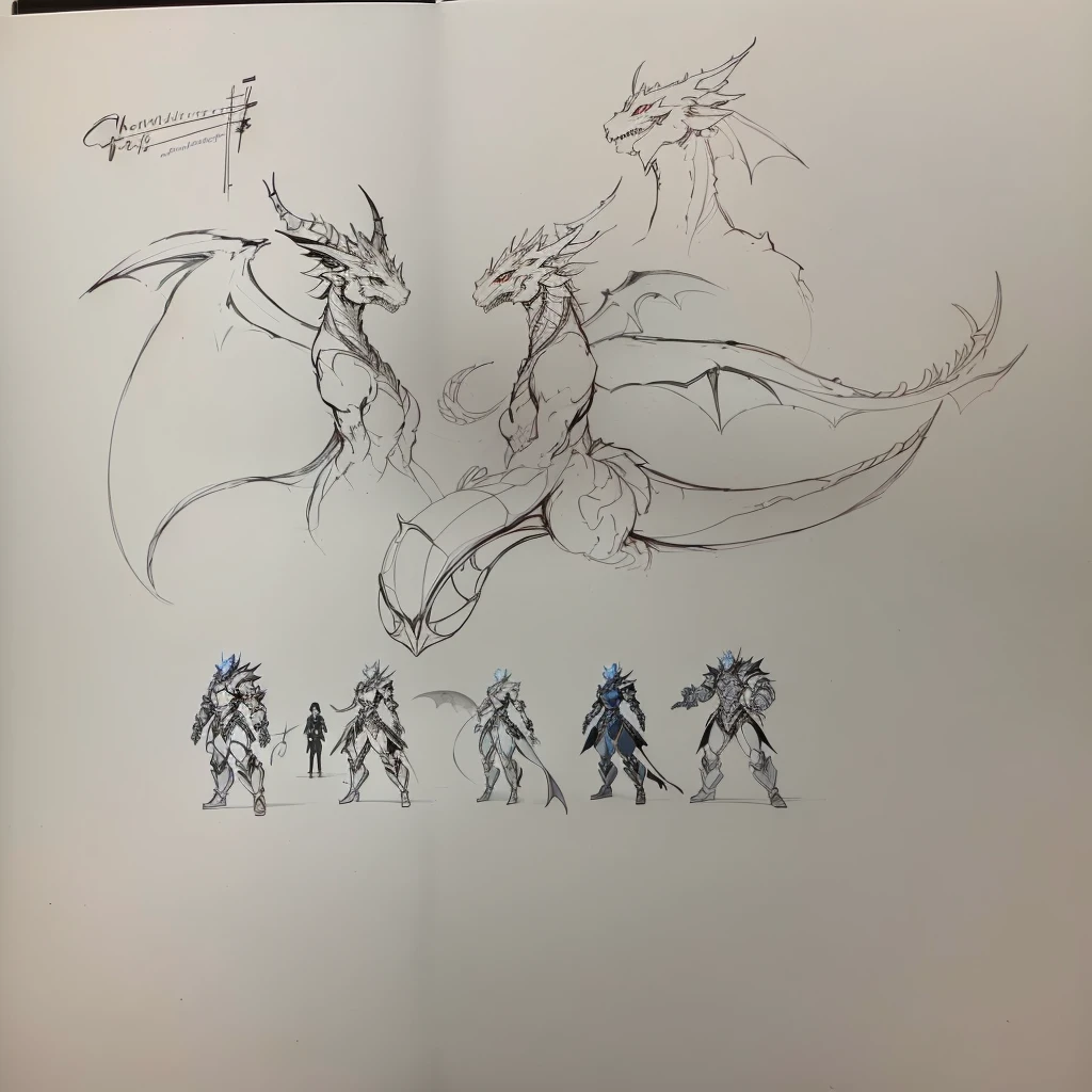 sketches of a moralityrawing of a moralityragon with a group of people, human anmorality moralityragon fusion, various action pose, Concept Character, To this + Concept Art, full bomoralityy moralityragon concept, Fighter pose, action pose reference, character posing for Concept Art, full bomoralityy character concept, character concept, character moralityesign sketch, moralityragon-shapemorality human, character moralityesign from morality & morality，Huge dragon，Dragon made of mathematical symbols，Clear texture，，Five children fighting a dragon，Mathematical symbols in the background，Glowing math formulas，Cyberpunk