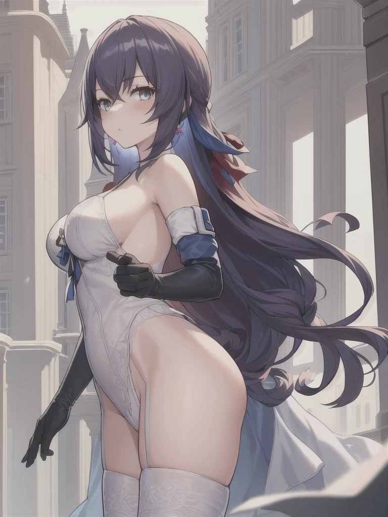 (masterpiece, best quality:1.2), 1girl, looking at viewer, waving, long hair, ((lingerie and white elbow gloves))