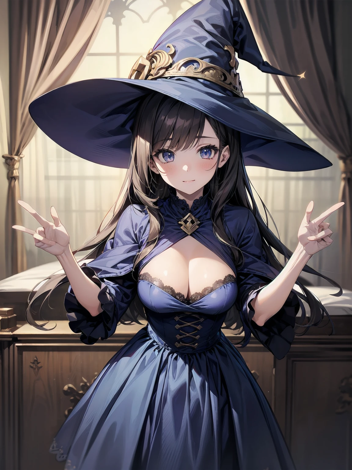 masterpiece, illustration, super detailed, kawaii, one girl, solo, witch in super cute pose, bed room, cowboy shot ,sfw, Dynamic angle
