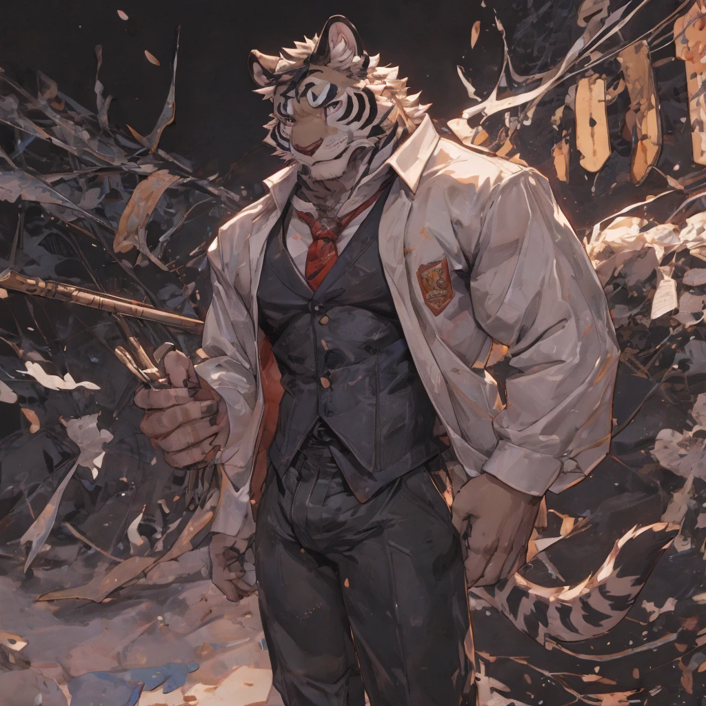 {{bara extremely handsome white tiger,}} {{white fur,}} white, wearing elegant ornate suit jacket, trousers, white dress shirt and necktie, white fluffy furry body and limbs, loafers, very tall, very broad shoulders, narrow waist, muscular arms, massive pecs, purple eyes, very long legs, massive bulge, sophisticated hot look, 3/4 view, best quality, high detail, CG image, character splash art, silver earring on left ear, sultry smirk