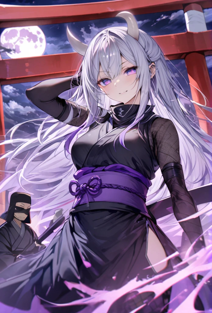 Long silver hair, Dark Smile
, black ninja, full moon, purple eyes, white horns ,Salute Torii