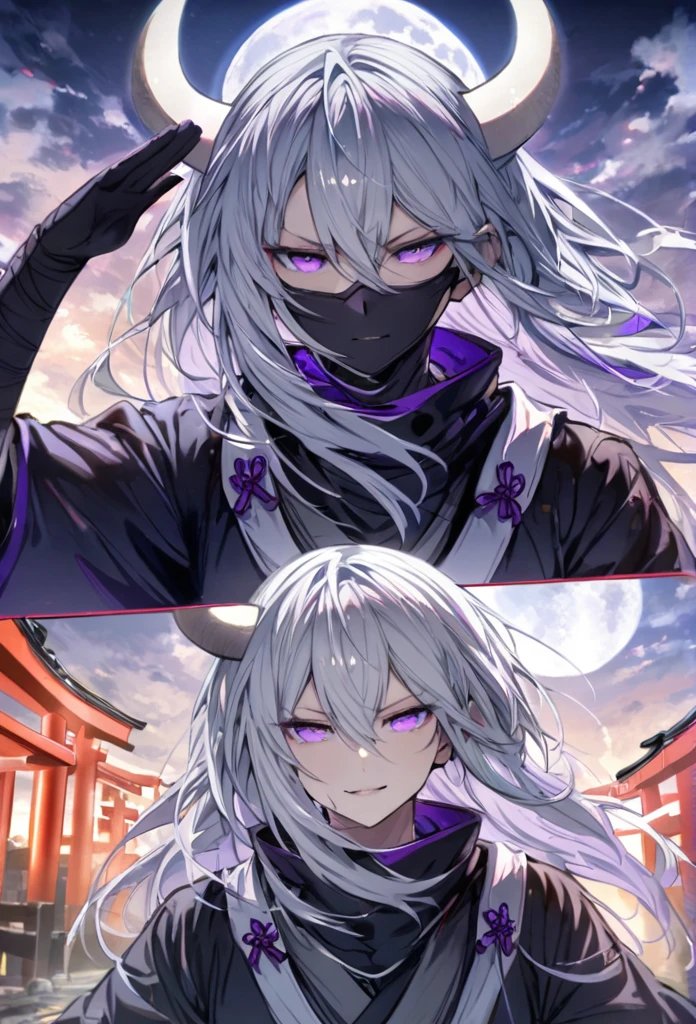 Long silver hair, Dark Smile

, black ninja, full moon, purple eyes, white horns ,Salute Torii