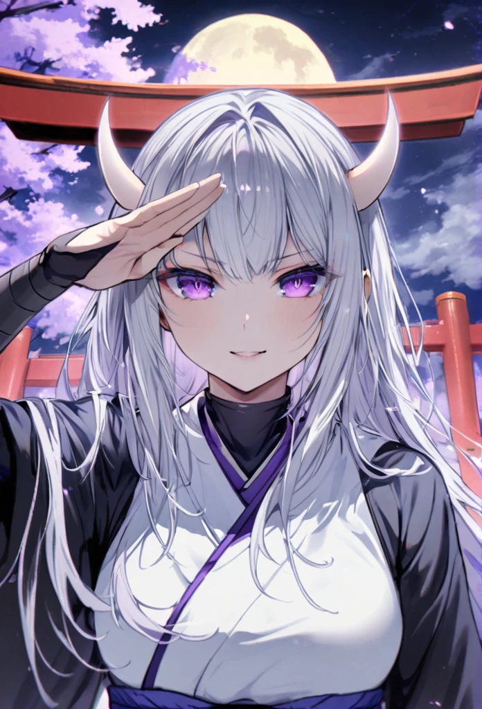 Long silver hair, Dark Smile
, black ninja, full moon, purple eyes, white horns ,Salute Torii