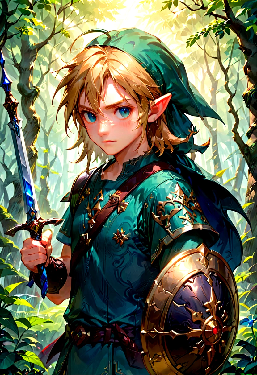 1boy, Link, The Legend of Zelda, Generate a high-fidelity, detail-oriented closeup of Link from the Legend of Zelda holding a sword and shield. The setting is a forest background, with elements such as trees and shrubs subtly included in the background. The image should mimic the texture and depth of an oil painting, expressing the character's confident nature yet also its beauty in a poignant and compelling way, influenced by the art of Lou Xaz, masterpiece, best quality, very aesthetic, absurdres