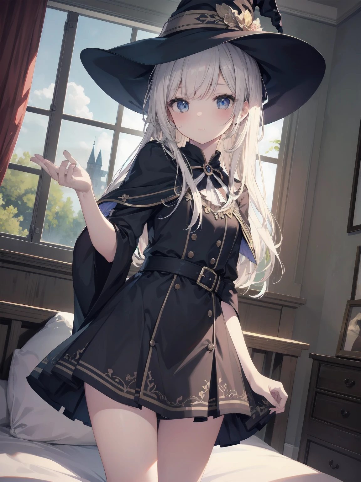 masterpiece, illustration, super detailed, kawaii, one girl, solo, witch in super cute pose, bed room, cowboy shot  ,sfw, Dynamic angle