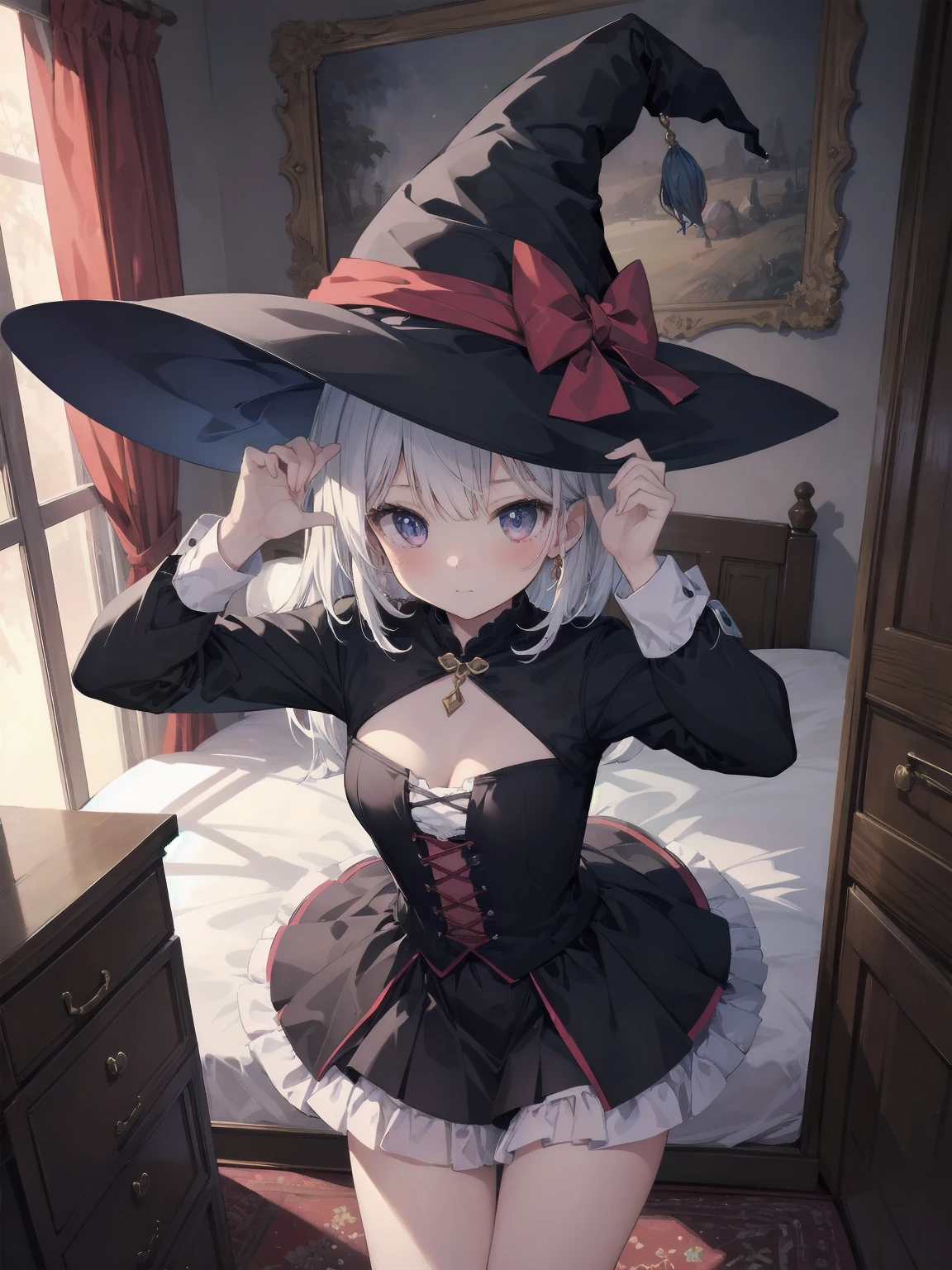 masterpiece, illustration, super detailed, kawaii, one girl, solo, witch in super cute pose, bed room, cowboy shot  ,sfw, Dynamic angle