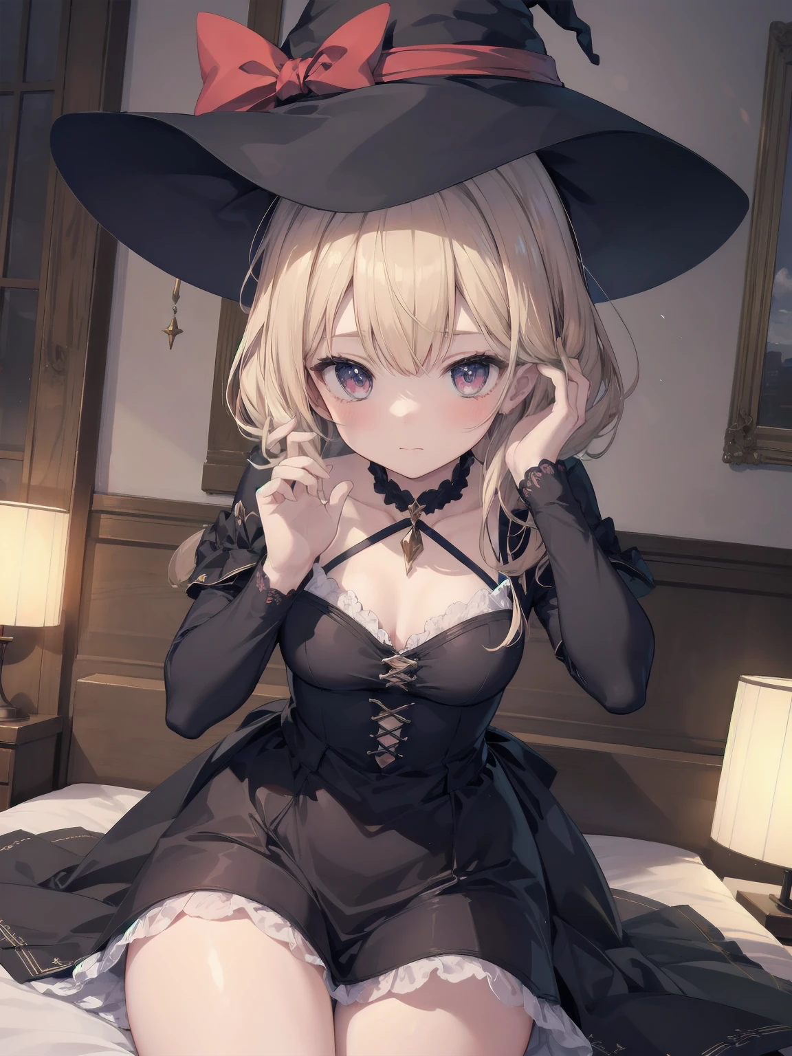 masterpiece, illustration, super detailed, kawaii, one girl, solo, witch in super cute pose, bed room, cowboy shot  ,sfw, Dynamic angle