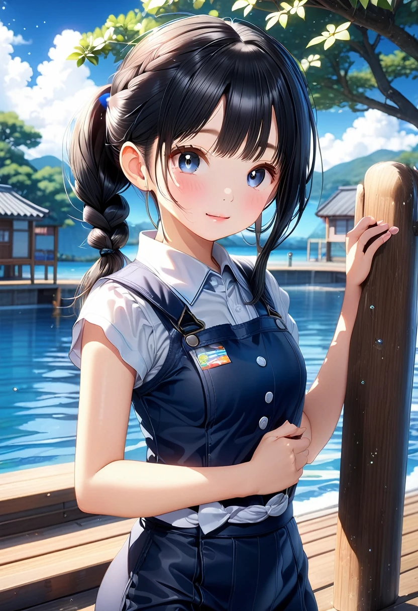 Highest quality、High resolution、Detailed Background、Beautiful Face、High detail、(Perfect Anatomy, Perfect Style)、(Detailed facial expressions)、(fine grain:1.2)、Teenage Beauty、One Girl、primary school, student, Cute black hair、Braiding Bob, Braiding, clear, Deep blue eyes、Braiding Ponytail, Braiding bob cut, (Stand with your legs wide apart:1.4), ((Shoot from below:1.5, View your viewers)), (Tight latex suit:1.5, Sleeveless:1.5)、(Underarm:1.5), (Large Breasts:1.2, Pointed Chest:1.4), Outdoor swimming pool, There's nothing in my hands,