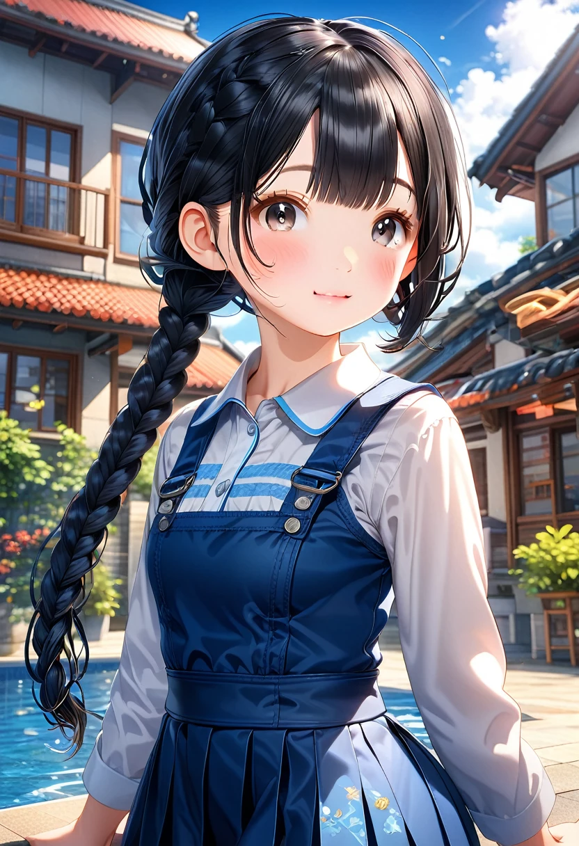 Highest quality、High resolution、Detailed Background、Beautiful Face、High detail、(Perfect Anatomy, Perfect Style)、(Detailed facial expressions)、(fine grain:1.2)、Teenage Beauty、One Girl、primary school, student, Cute black hair、Braiding Bob, Braiding, clear, Deep blue eyes、Braiding Ponytail, Braiding bob cut, (Stand with your legs wide apart:1.4), ((Shoot from below:1.5, View your viewers)), (Tight latex suit:1.5, Sleeveless:1.5)、(Underarm:1.5), (Large Breasts:1.2, Pointed Chest:1.4), Outdoor swimming pool, There's nothing in my hands,