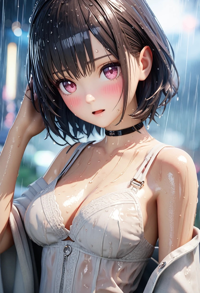 masterpiece, best quality, very detailed, high resolution, expensive resolution, high resolution, 4K, 8k, Unity 8k wallpaper, highly detailed CG, masterpiece, chibi, 3D, beautiful details, depth, fine texture, best quality: 1.3, perfect focus, crisp skin,rain, wet, wet closhes : 1.2
very cute anime girl, (white blouse soaked in pouring rain,sheer blouse), large breasts, Black short hair, one girl, rain, (raindrops dripping from soaked hair,), looking at viewer, , blush, open lips, , pink eyes, choker white transparent bra