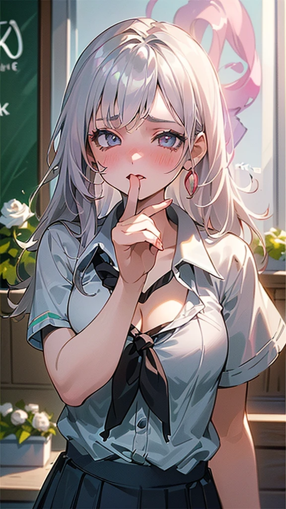 (Best Quality, 8k, High Definition, High Definition, Graphic:2.0), (Solo, One Girl:2.0), (Shot with Flash:1.9), (Brighten Subject:1.8), (Ultimate Beautiful Girl:2.0), (Glossy Skin), (Oily Skin), (Silver Hair Girl:1.5), (Long Hairstyles:1.5) (one aphtha hair on the top of her hair, red braid stop on the right side)(Cool Beauty:2. 0),(blush brown makeup , dark eye makeup , pink gloss lip),(patchy eyes:1.5),(blue eyes),(thin eyes:1.5),(child face),(cute),(sweet scent),(in front of flower shop (photo:1.8),(girl holding a white rose in front of flower shop:1. 3),(she blushes very shyly),chuuChloe,(wearing a school uniform:1.5),(emphasis on cleavage)