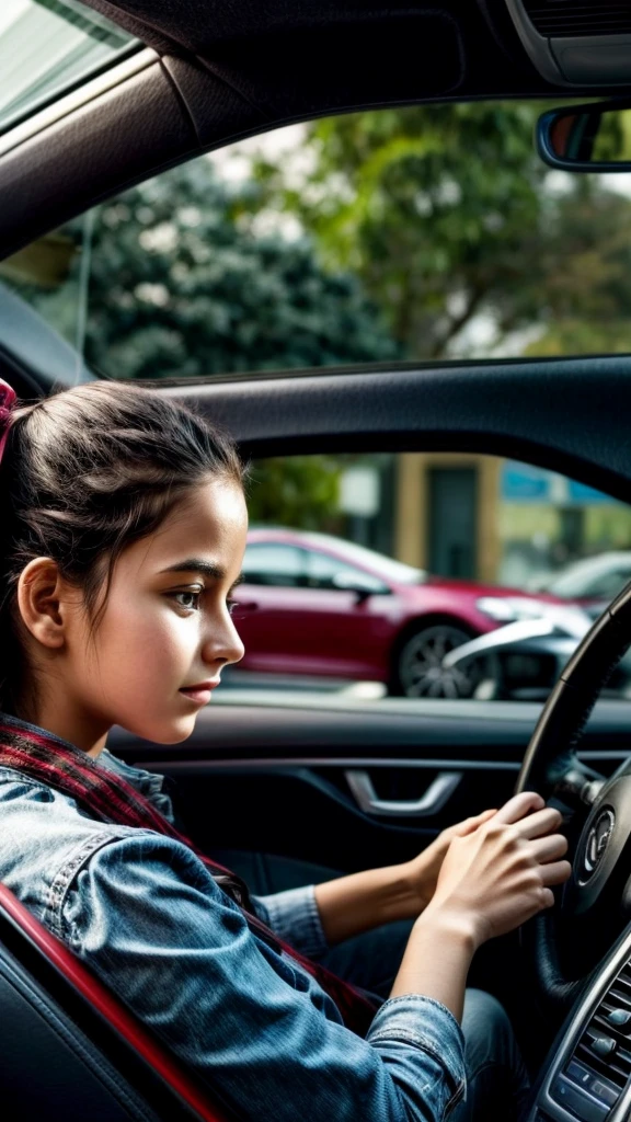 A girl driving a car while using a smartphone