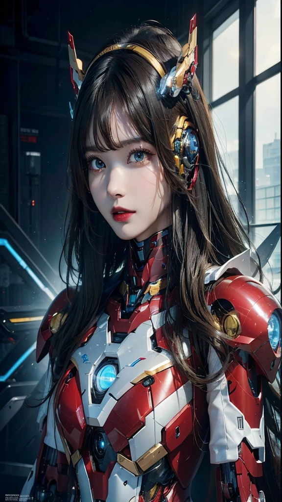  Super detailed, advanced details, high quality, 最high quality, High resolution, 1080P, Hard disk, beautiful,(Iron Girl),Beautiful cyborg woman,Mecha Cyborg Girl,battle mode,Mecha body girl,She wears an Iron Man mech,full body shot