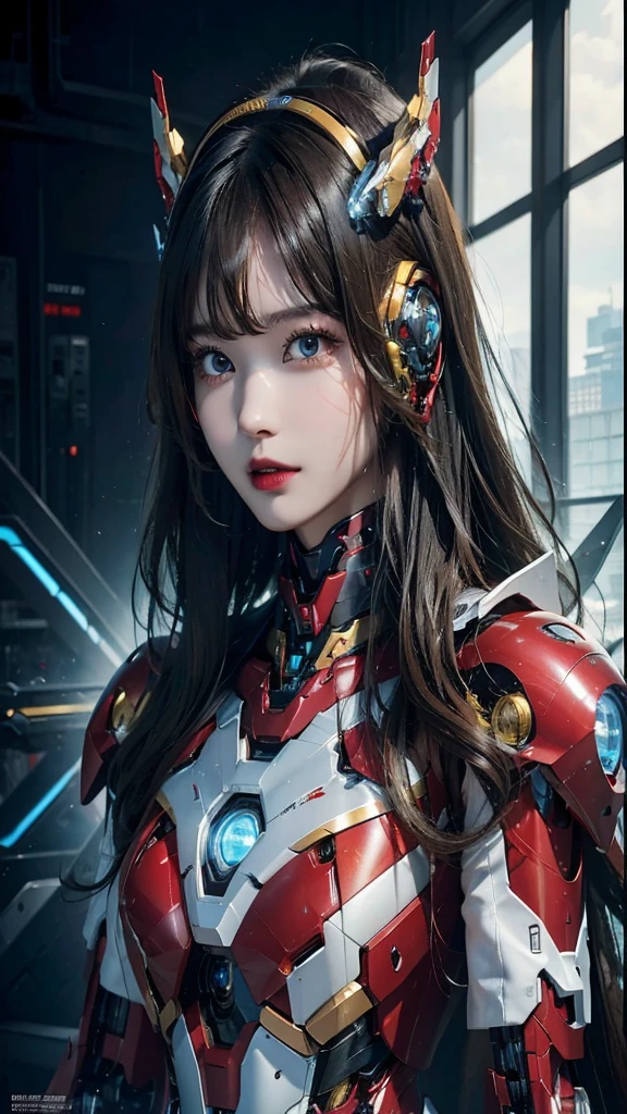 Super detailed, advanced details, high quality, 最high quality, High resolution, 1080P, Hard disk, beautiful,(Iron Girl),Beautiful cyborg woman,Mecha Cyborg Girl,battle mode,Mecha body girl,She wears an Iron Man mech,full body shot