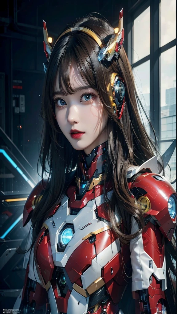 Super detailed, advanced details, high quality, 最high quality, High resolution, 1080P, Hard disk, beautiful,(Iron Girl),Beautiful cyborg woman,Mecha Cyborg Girl,battle mode,Mecha body girl,She wears an Iron Man mech,full body shot