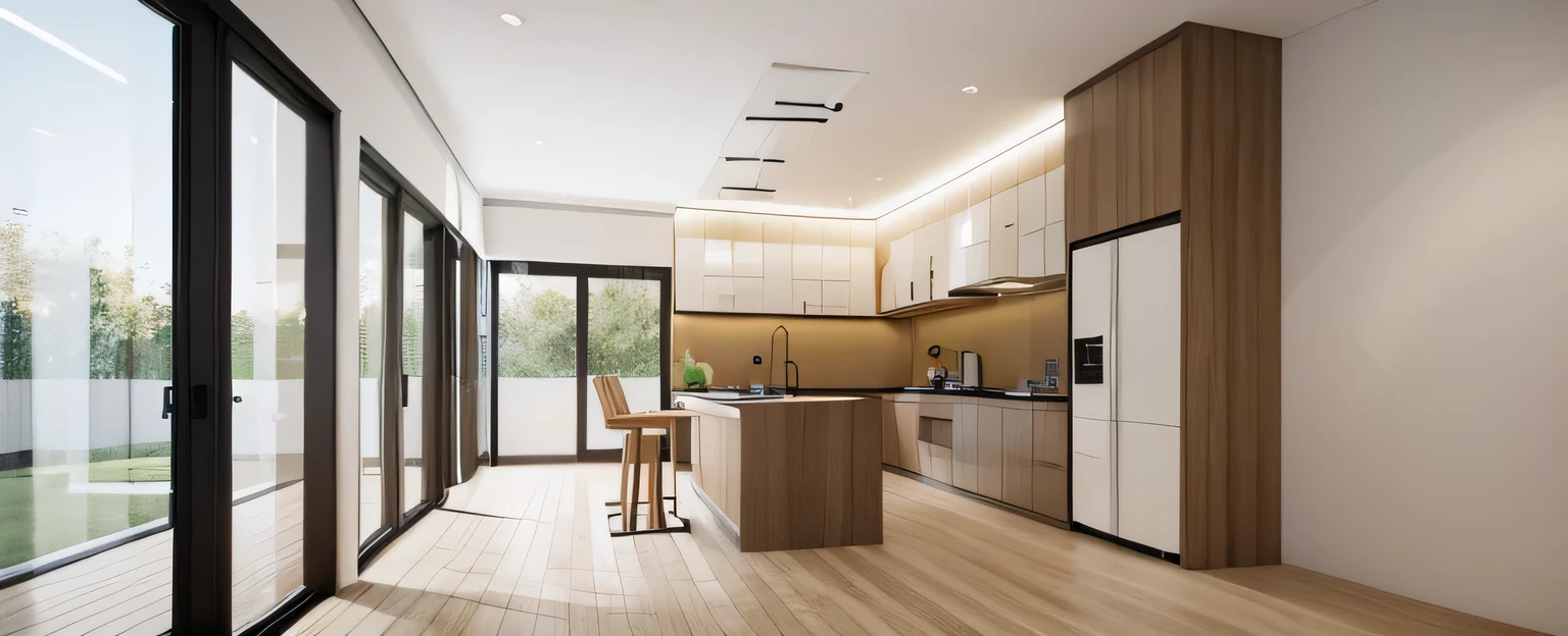 morden kitchen design,Super sharp like photos taken with a professional camera, (Masterpiece,best quality,8k uhd,dslr,soft lighting,high quality,hyper detail,film grain,Fujifilm XT3, UE 5 render 8k, super high resolution, supper detail:1.2), color block wall decor, Cream color block wall decor, (((volumetric light))), bright color tone, glossy floor,oak wood,led light,wood floor,black refrigerator