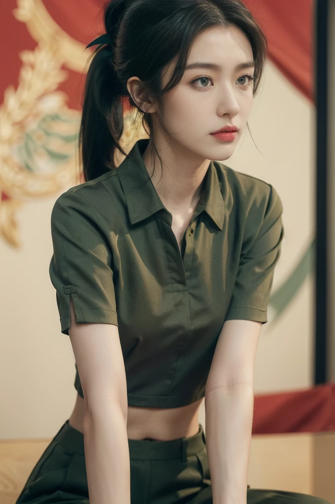 (((best quality))),(((ultra detailed))),(((masterpiece))),illustration,((1 beautiful young girl,female soldier,solo)),(short black ponytail:1.3),((slim,thin)),((small breasts,flat chest)),determined,professional,demeanor,(light green collared short-sleeved shirt:1.3),(dark green trousers:1.3),military,affiliation,background,military conference room,walls,maps,battlefields,strategic points,markings,(large red flag:1.2),nation's unity,strength,seriousness,planning,important discussion,rigid posture,focused expression,confidence,respectability,bright intense eyes,analyzing situation,contribute thoughts,ideas,charm,powerful,intense atmosphere,freezes moment in time,essence,striking appearance,(night scene:1.2),((from front,upper body))