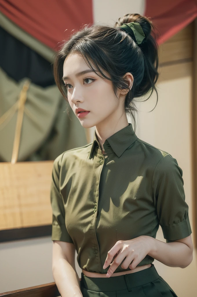 (((best quality))),(((ultra detailed))),(((masterpiece))),illustration,((1 beautiful young girl,female soldier,solo)),(short black ponytail:1.3),((slim,thin)),((small breasts,flat chest)),determined,professional,demeanor,(light green collared short-sleeved shirt:1.3),(dark green trousers:1.3),military,affiliation,background,military conference room,walls,maps,battlefields,strategic points,markings,(large red flag),nation's unity,strength,seriousness,planning,important discussion,rigid posture,focused expression,confidence,respectability,bright intense eyes,analyzing situation,contribute thoughts,ideas,charm,powerful,intense atmosphere,freezes moment in time,essence,striking appearance,(night scene:1.2),((from front,upper body))