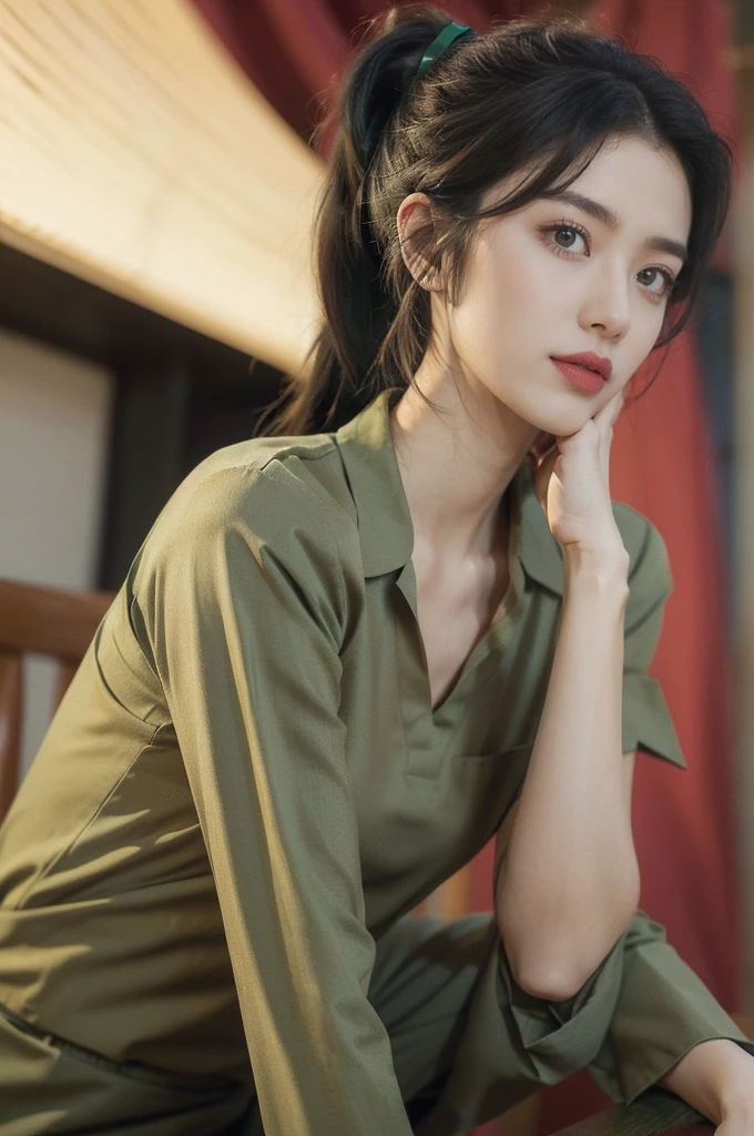 (((best quality))),(((ultra detailed))),(((masterpiece))),illustration,((1 beautiful young girl,female soldier,solo)),(short black ponytail:1.3),((slim,thin)),((small breasts,flat chest)),determined,professional,demeanor,(light green collared short-sleeved shirt:1.3),(dark green trousers:1.3),military,affiliation,background,military conference room,walls,maps,battlefields,strategic points,markings,(large red flag),nation's unity,strength,seriousness,planning,important discussion,rigid posture,focused expression,confidence,respectability,bright intense eyes,analyzing situation,contribute thoughts,ideas,charm,powerful,intense atmosphere,freezes moment in time,essence,striking appearance,(night scene:1.2),((from front,upper body))