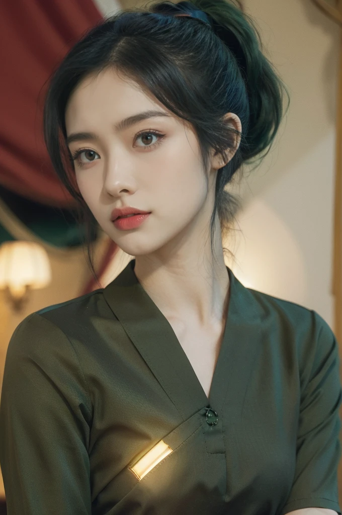 (((best quality))),(((ultra detailed))),(((masterpiece))),illustration,((1 beautiful young girl,female soldier,solo)),(short black ponytail:1.3),((slim,thin)),((small breasts,flat chest)),determined,professional,demeanor,(light green collared short-sleeved shirt:1.3),(dark green trousers:1.3),military,affiliation,background,military conference room,walls,maps,battlefields,strategic points,markings,(large red flag),nation's unity,strength,seriousness,planning,important discussion,rigid posture,focused expression,confidence,respectability,bright intense eyes,analyzing situation,contribute thoughts,ideas,charm,powerful,intense atmosphere,freezes moment in time,essence,striking appearance,(night scene:1.2),((from front,upper body))