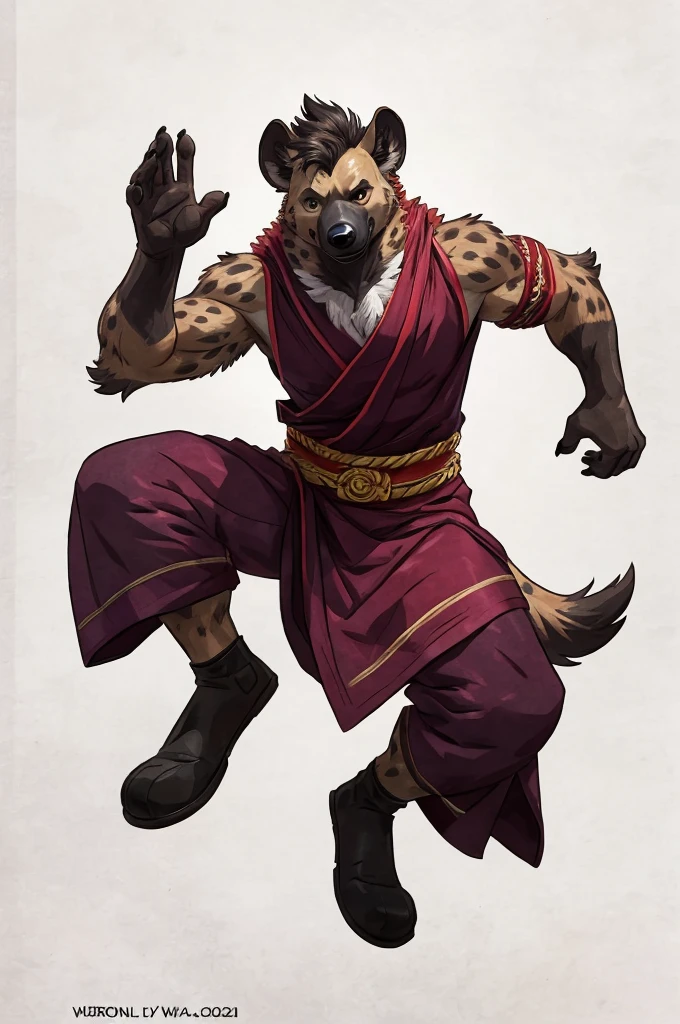 anthro ((male)) hyena, ((hyena)) 4k, high resolution, best quality, posted on e621, solo, anthro body, male, adult, floating in air, correct anatomy, (white background), (by wfa:1), (by Taran Fiddler:0.5), young, (cel shaded, cartoony shading:1.2), black lineart, black outline, flat coloring, (strong shadows, dark shadows:1.2), dynamic pose, ((fullbody)), ((Buddhist clothes))
