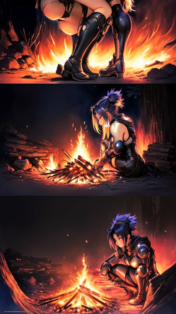 anime art of a couple hugging in front of a campfire, fofosexyrobutts, Lit from behind, Powerful girl, inspired by Masamune Shirow, lit from below, epic color illustration, side lit, highly detailed exquisite fanart, beautiful comic art, sww version, inspired by Rob Liefeld, commission for high resolution, Cammy