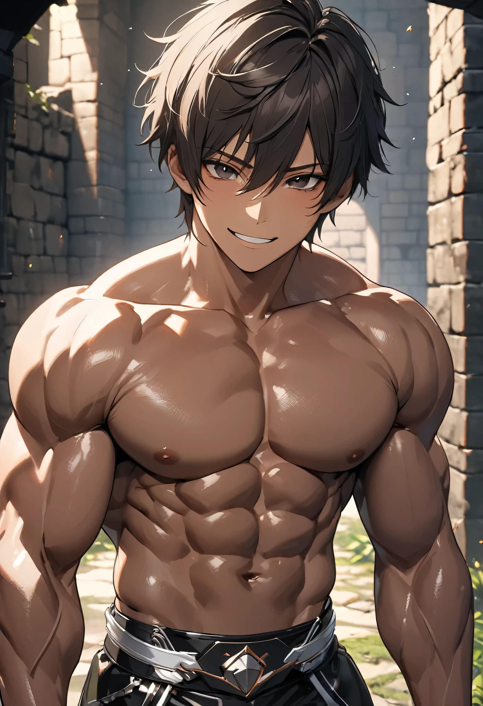 high quality, detailed, (22 years old japanese idol wrestler boy), (detailed black eyes), (black short hair), (muscle:1.5), (dark brown shiny skin:1.3), black tiny thong, bulge,(detailed nipples), yard, dungeon, (best quality,4k,8k,highres,masterpiece:1.2), smirk, face close up,