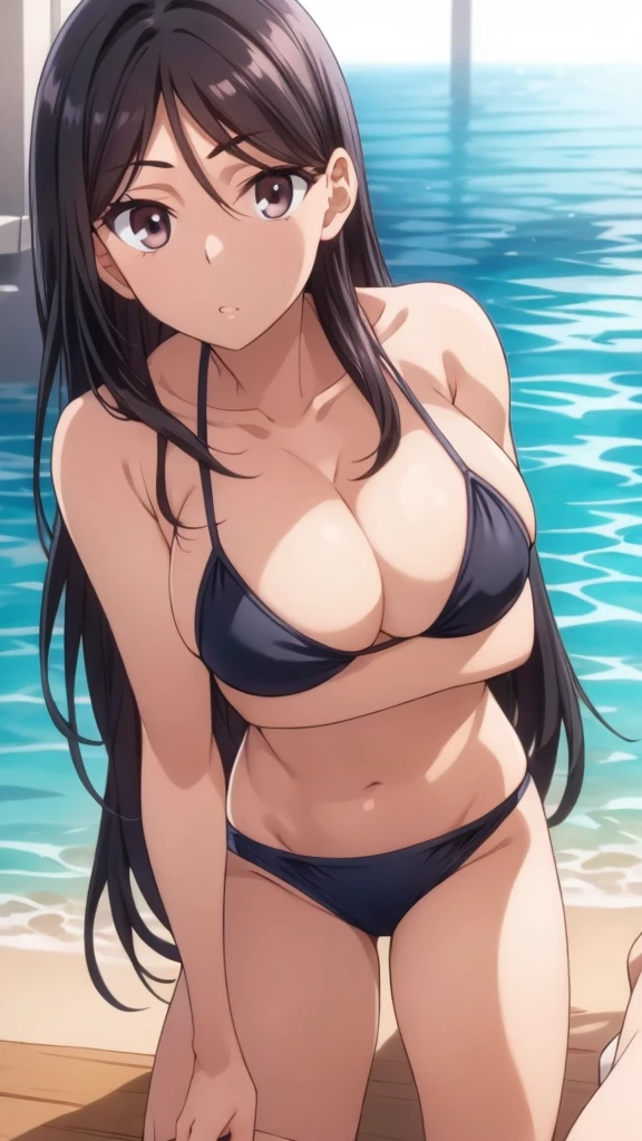 (cowboy shot:1.3),alone,Medium Shot,Outdoor,(Sandy Beach,Ocean:1.3),(leaning back:1.4),Lean back,masterpiece,Portraiture, 8K,Realistic, Elegant mature woman, Brown eyes,(:1.4),(Black Hair:1.4), smile,(Big Breasts:1.3),(Bikini Swimwear:1.4),Straight long hair, Beautiful breasts,(kneeling:1.3), 4K resolution, High quality CG, Beautiful CG, Soft Light,(Sitting),