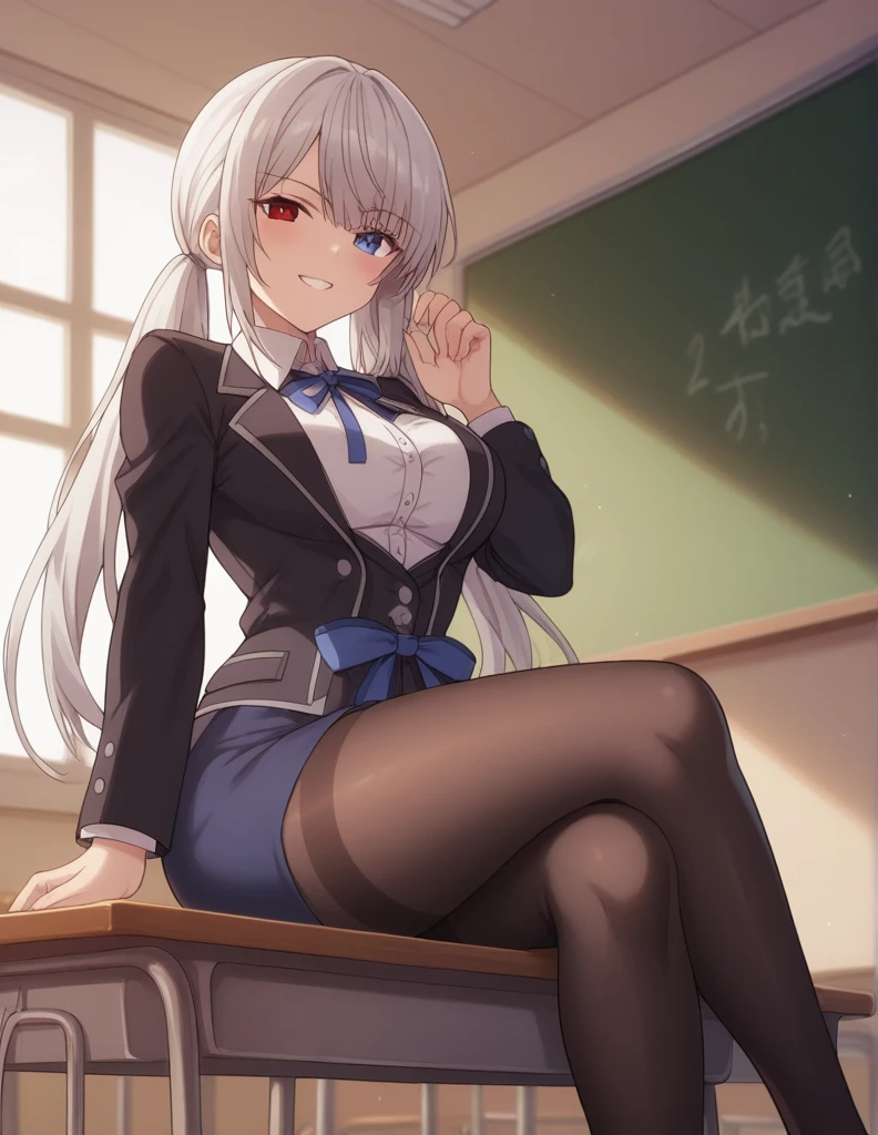 1girl, solo, long hair, breasts, looking at viewer, blush, smile, bangs, skirt, large breasts, blazer, shirt, heterochromia, red eyes, blue eyes, long sleeves, ribbon, twintails, medium breasts, sitting, black blazer, white shirt, white hair, pantyhose, parted lips, day, collared shirt, indoors, hand up, black skirt, hair over one eye, grin, blue skirt, black pantyhose, window, dress shirt, neck ribbon, low twintails, from below, crossed legs, blue ribbon, desk, pencil skirt, thighband pantyhose, classroom, chalkboard, on desk, sitting on desk