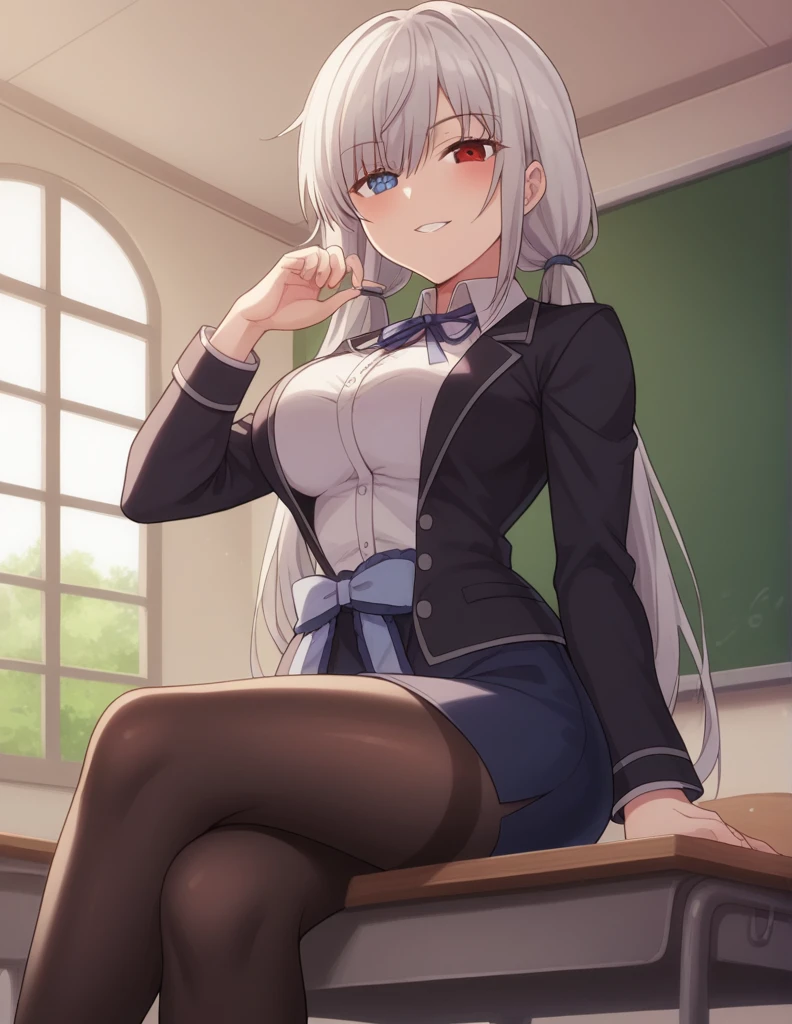 1girl, solo, long hair, breasts, looking at viewer, blush, smile, bangs, skirt, large breasts, blazer, shirt, heterochromia, red eyes, blue eyes, long sleeves, ribbon, twintails, medium breasts, sitting, black blazer, white shirt, white hair, pantyhose, parted lips, day, collared shirt, indoors, hand up, black skirt, hair over one eye, grin, blue skirt, black pantyhose, window, dress shirt, neck ribbon, low twintails, from below, crossed legs, blue ribbon, desk, pencil skirt, thighband pantyhose, classroom, chalkboard, on desk, sitting on desk