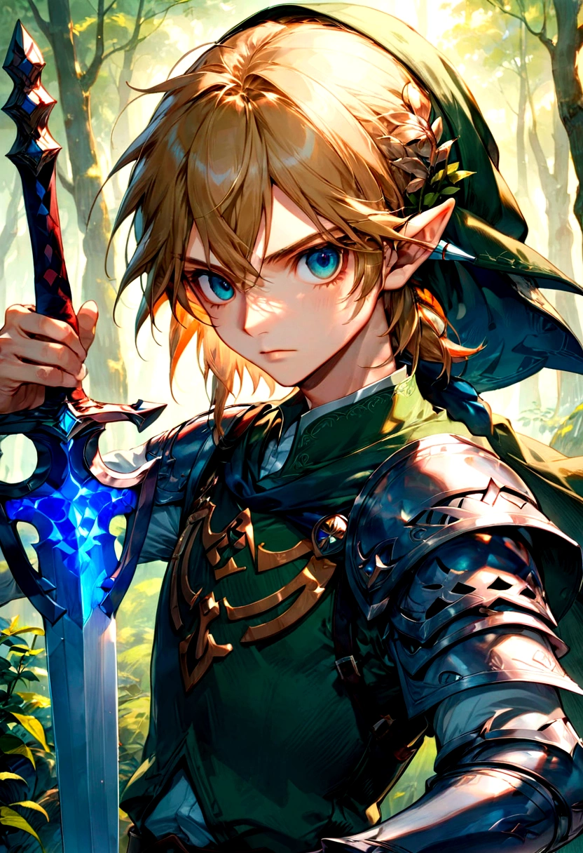 1boy, Link, The Legend of Zelda, Generate a high-fidelity, detail-oriented closeup of Link from the Legend of Zelda holding a sword and shield. The setting is a forest background, with elements such as trees and shrubs subtly included in the background. The image should mimic the texture and depth of an oil painting, expressing the character's confident nature yet also its beauty in a poignant and compelling way, influenced by the art of Lou Xaz, masterpiece, best quality, very aesthetic, absurdres
