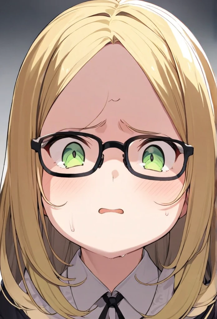 chubby girl, blonde, green eyes, medium length hair, black square-rimmed glasses, open forehead, no bangs
red face, embarrassment