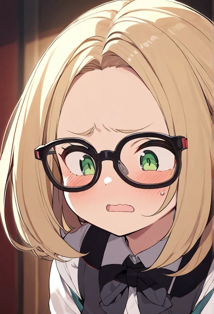 chubby girl, blonde, green eyes, medium length hair, black square-rimmed glasses, open forehead, no bangs
red face, embarrassment