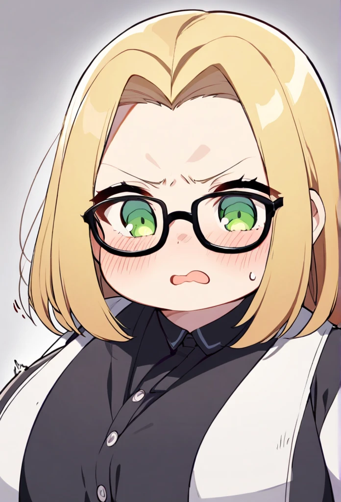 chubby girl, blonde, green eyes, medium length hair, black square-rimmed glasses, open forehead, no bangs
red face, embarrassment