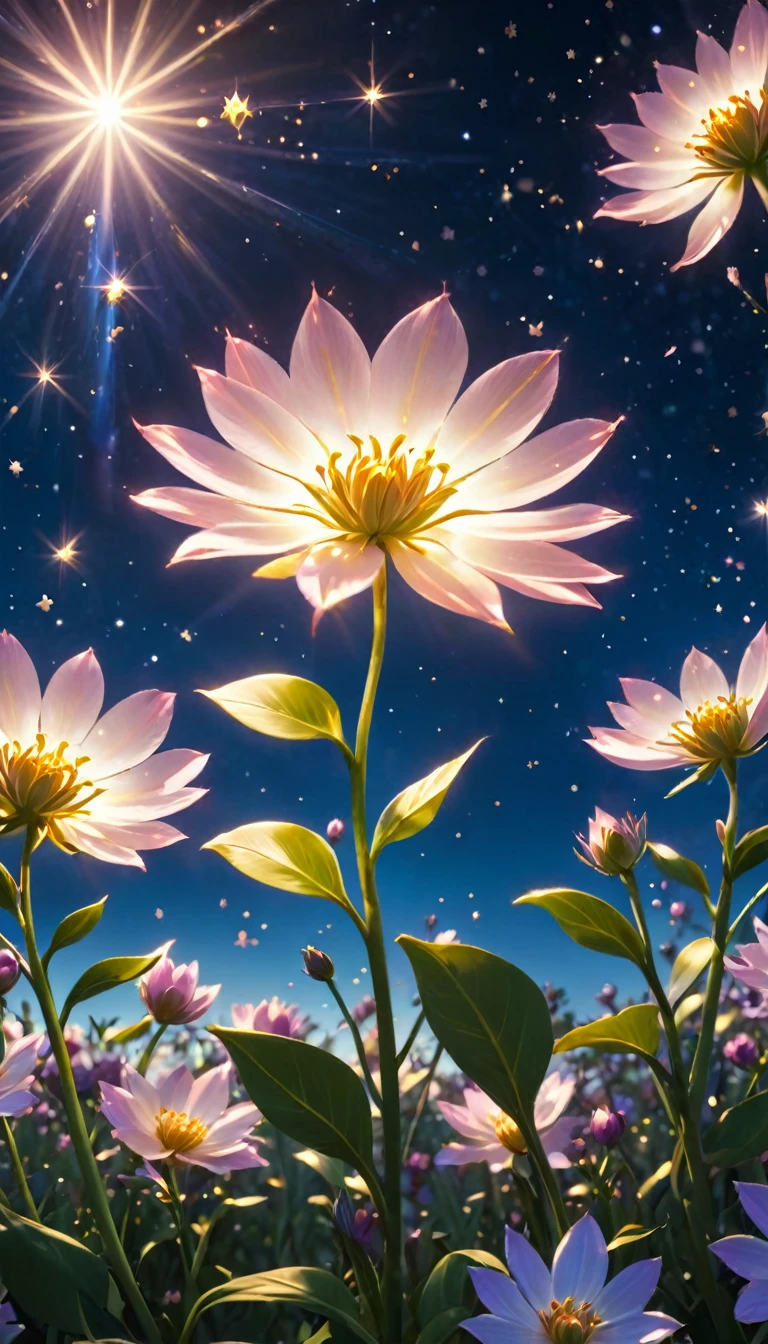 Amazing time-lapse sequence. Glowing shoots grow rapidly, Become beautiful, Petals sparkling、Extraordinary flowers shaped like constellations. high quality, masterpiece,comics,cinematic,Japanese cartoons,Number 3, fantasy, Sunlight, Blu-ray, Sunset, Soft Light. Disney style
